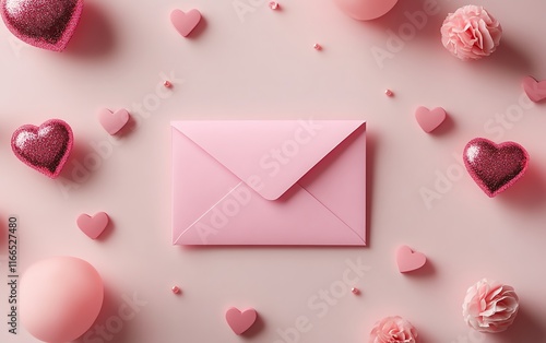Valentines Day decoration template featuring a pink envelope, soft pastel colors, and a stylish banner template for a romantic theme or love note