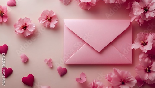 Valentines Day decoration featuring a pink envelope illustration, subtle patterns, and a banner template with space for a romantic message or greeting