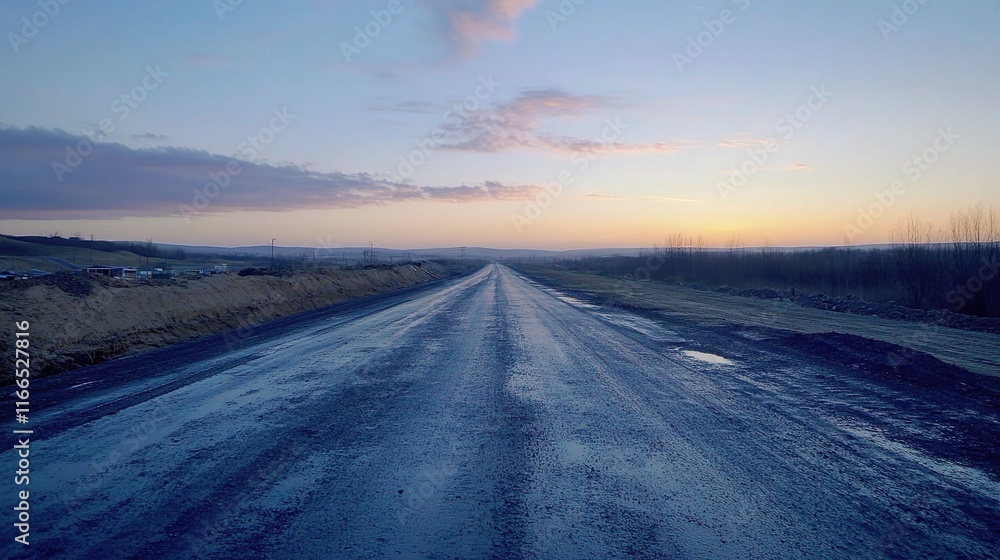 Empty Asphalt Road Stretching Into Distance at Sunset Empty Asphalt Road Stretching Into Distance at Sunset