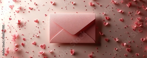 Valentines Day design with a pink envelope illustration, soft pink hues, and a banner template for a romantic, personalized message in a love theme