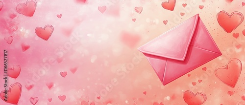 Valentines Day illustration with a pink envelope, delicate heart motifs, and a banner template design for a charming lovethemed background