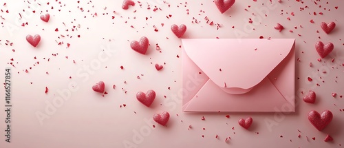 Valentines Day illustration with a pink envelope, delicate heart motifs, and a banner template design for a charming lovethemed background