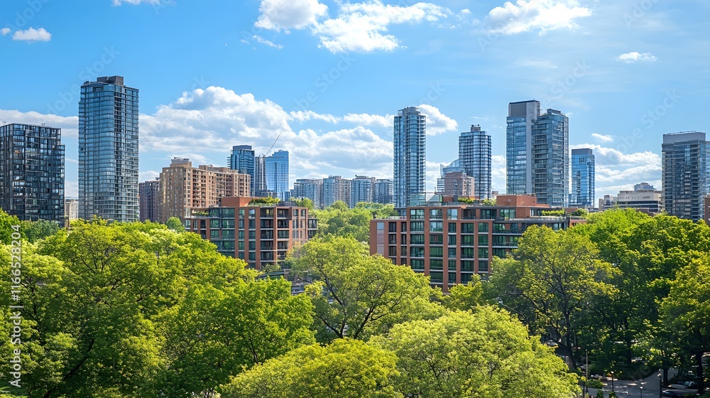 Fototapeta premium A vibrant city skyline surrounded by lush greenery on a sunny day.