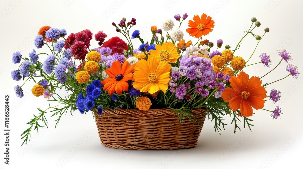 Obraz premium [colorful flower farm vibrant picking plant] Colorful Fresh Flower Arrangement in Woven Basket on White Background