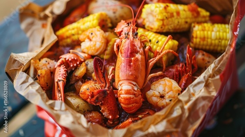 Spicy seafood boil with lobster, shrimp, corn, and potatoes. photo