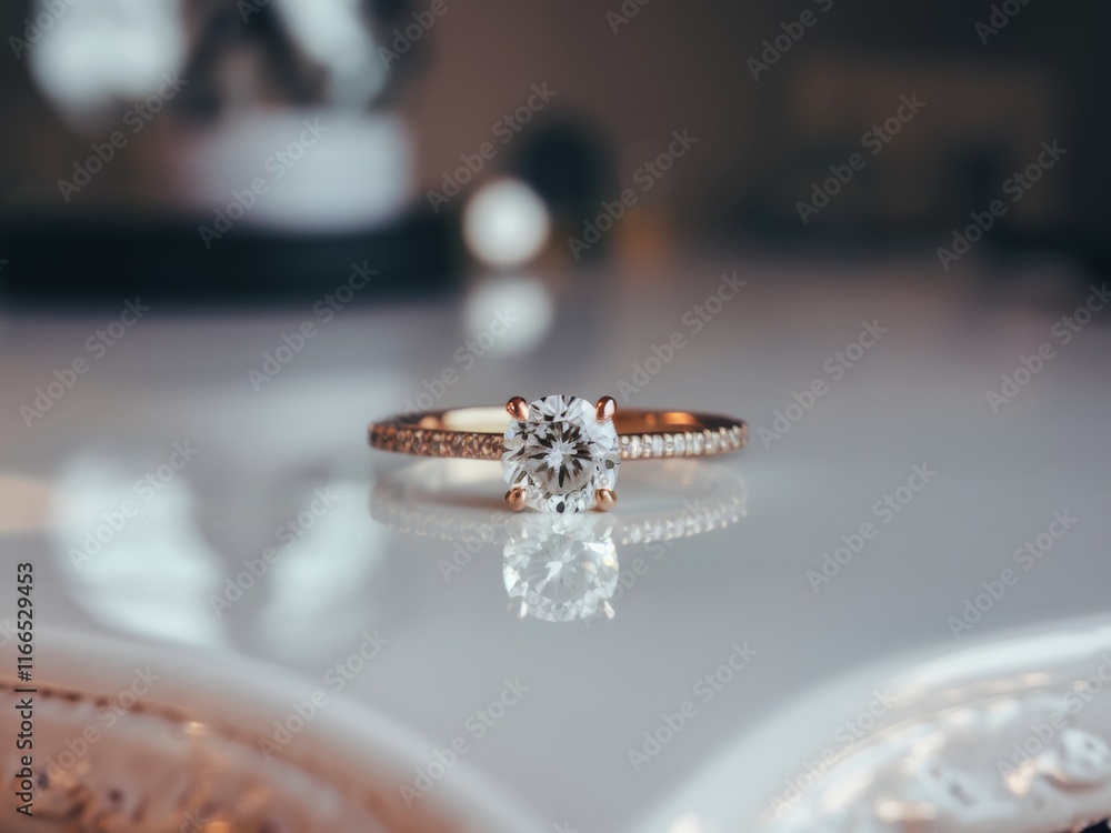 Exquisite Rose Gold Diamond Ring on a Reflective Surface Exquisite Rose Gold Diamond Ring on a Reflective Surface