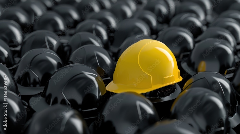 Obraz premium Yellow hard hat stands out among many black hard hats.