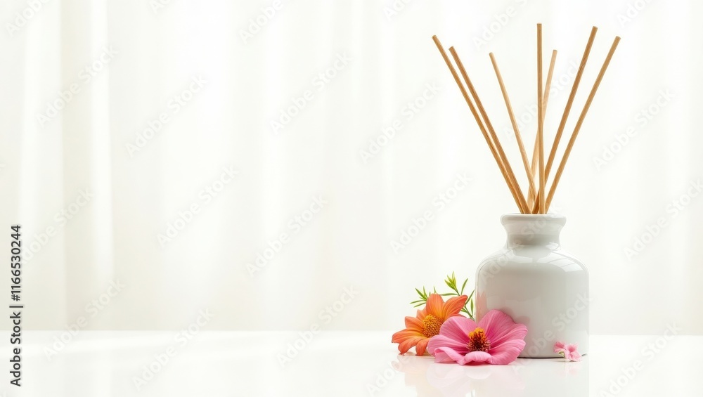 A reed diffuser with soft floral accents in a white bottle, exuding calmness, perfect for meditation rooms or spa settings. A reed diffuser with soft floral accents in a white bottle, exuding calmness, perfect for meditation rooms or spa settings.