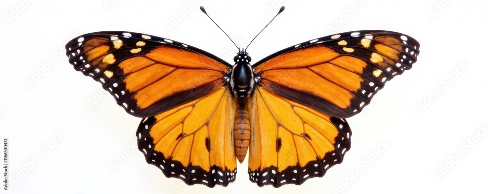 Fototapeta premium Vibrant monarch butterfly, wings spread wide, crisp white background, design, insect wing, vibrant