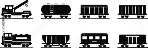 wagon and locomotive icon set.locomotive and wagon line icon collection. train, repair train and railway freight cars.container train icon sign vector. Black wagon and locomotive.