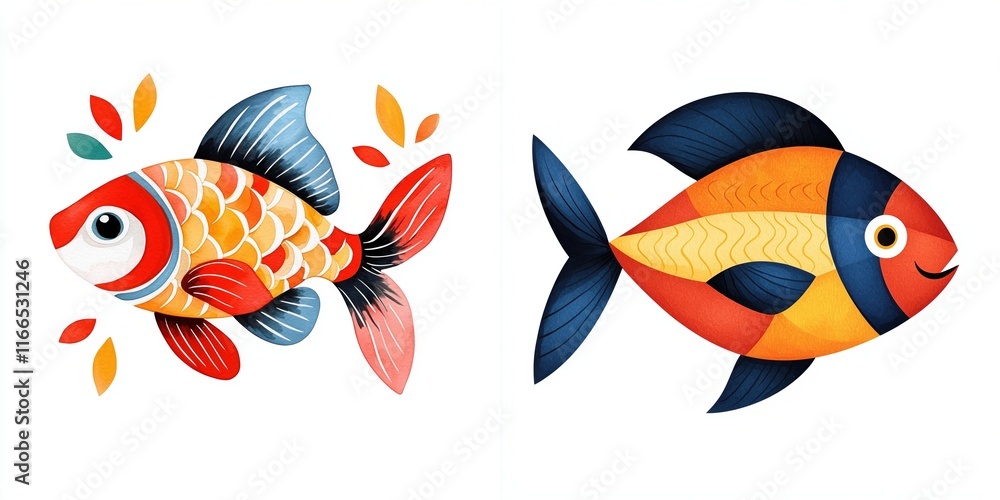 Fototapeta premium Chinese new year reunion concept. Colorful illustrated fish with vibrant patterns and details.