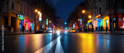 [Vibrant urban night scene with colorful lights] Bustling City Night Scene with Soft Glow photo