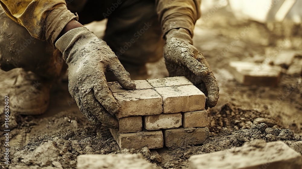 Fototapeta premium Bricklayer Carefully Placing Bricks on Construction Site Ground