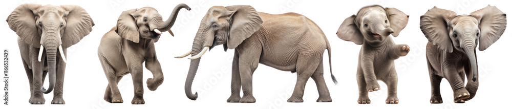 Fototapeta premium PNG Majestic elephants in diverse poses, isolated element set, transparent background