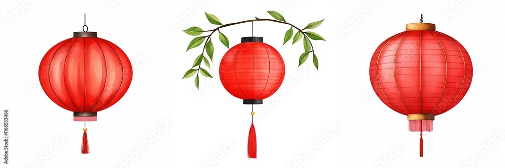 Obraz premium Chinese new year zodiac concept. Three decorative red lanterns with tassels and greenery.