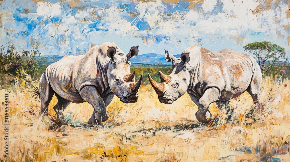 Fototapeta premium fight, a confrontation between two white rhino in the savannah