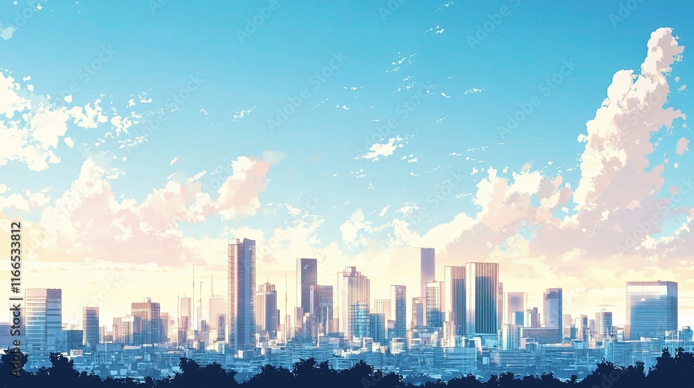 Obraz premium Modern Cityscape with Skyscrapers and Beautiful Blue Sky