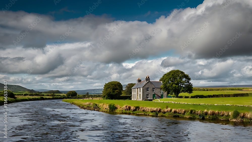 Serene rural scenery showcasing a charming stone house near a gently flowing river, under a vibrant sky. Serene rural scenery showcasing a charming stone house near a gently flowing river, under a vibrant sky.