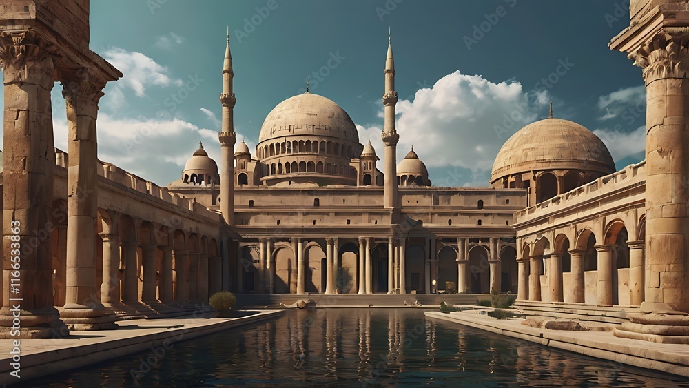 Obraz premium Majestic Historical Mosque Courtyard with Reflection Pool Under Blue Sky.