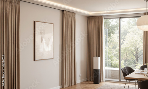 Automated Mocha Musse curtains with solar fabric technology, equipped with light sensors that adjust the curtains based on sunlight intensity, photo