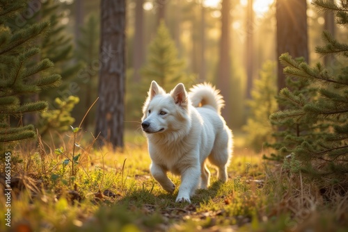 A dog seen from a distance with a distinctive white color is playing in the middle of a pine forest generative ai photo