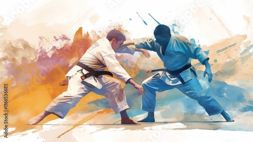 Karate fighters intensely engage in a dynamic sparring match against an abstract watercolor background..