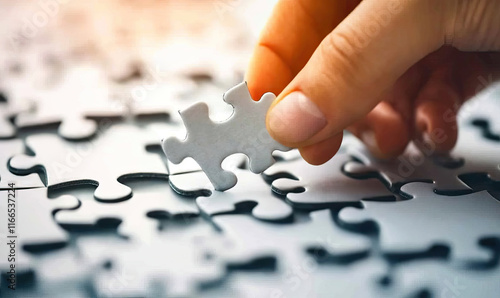 Close-Up of Hand Fitting Puzzle Piece, Emphasizing Business Strategy and Collaborative Solutions