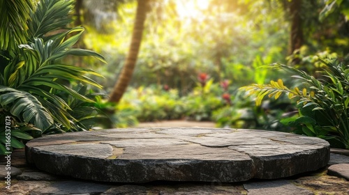 Natural stone tabletop in tropical garden for product showcase.