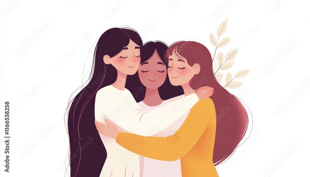 Obraz premium diverse mixed-race group of women embrace themselves . International Women day concept. flat vector style, Greeting for International Women's Day concept background