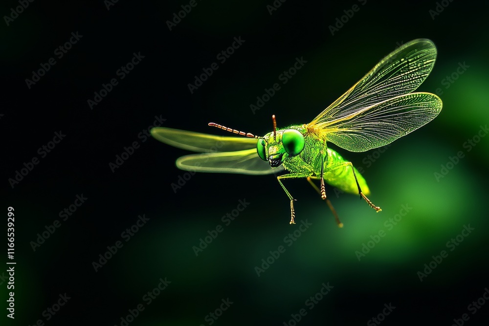 Close-Up of Green Insect in Flight Against Dark Background Close-Up of Green Insect in Flight Against Dark Background