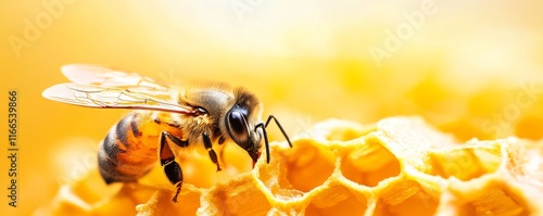 A close-up of a bee on a honeycomb, showcasing the intricate details of nature and the essential role of bees in ecosystems.