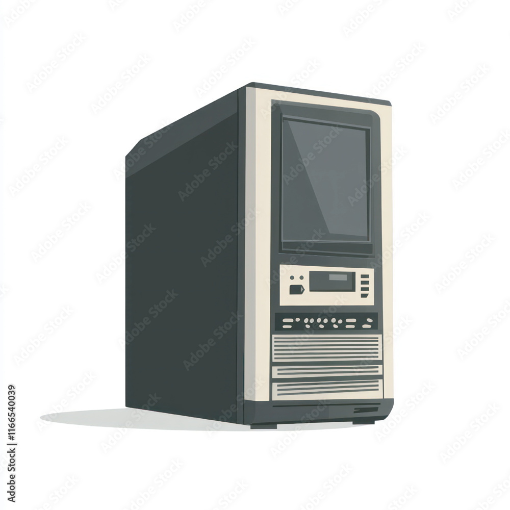 A black desktop computer setup featuring a monitor, CPU tower, speakers, and various office equipment in a digital workspace setting A black desktop computer setup featuring a monitor, CPU tower, speakers, and various office equipment in a digital workspace setting