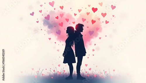 A conceptual photo of two silhouettes standing back-to-back, surrounded by blurry, overlapping heart shapes. The image reflects the ambiguity and emotional tension of a situationship, where the lines  photo