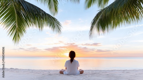 A person meditating on a beach at sunrise, surrounded by palm trees.