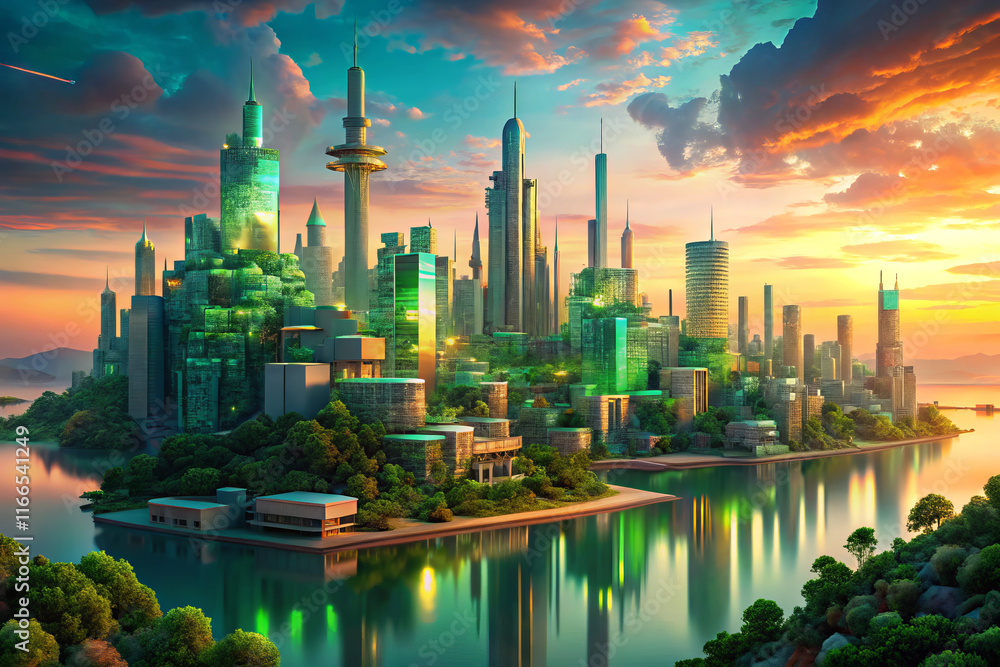 Fototapeta premium Futuristic cityscape with green buildings and serene water reflections