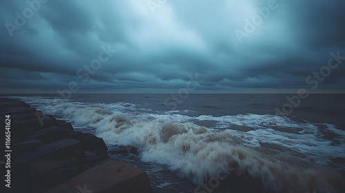 Dramatic ocean waves crashing against dark rocks under a stormy, brooding sky.  Perfect for moody backgrounds or nature themes. photo