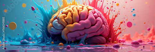 An abstract digital illustration of a brain melting like ice cream, with vibrant, dripping colors blending into a chaotic swirl. The artwork symbolizes mental exhaustion, overstimulation photo