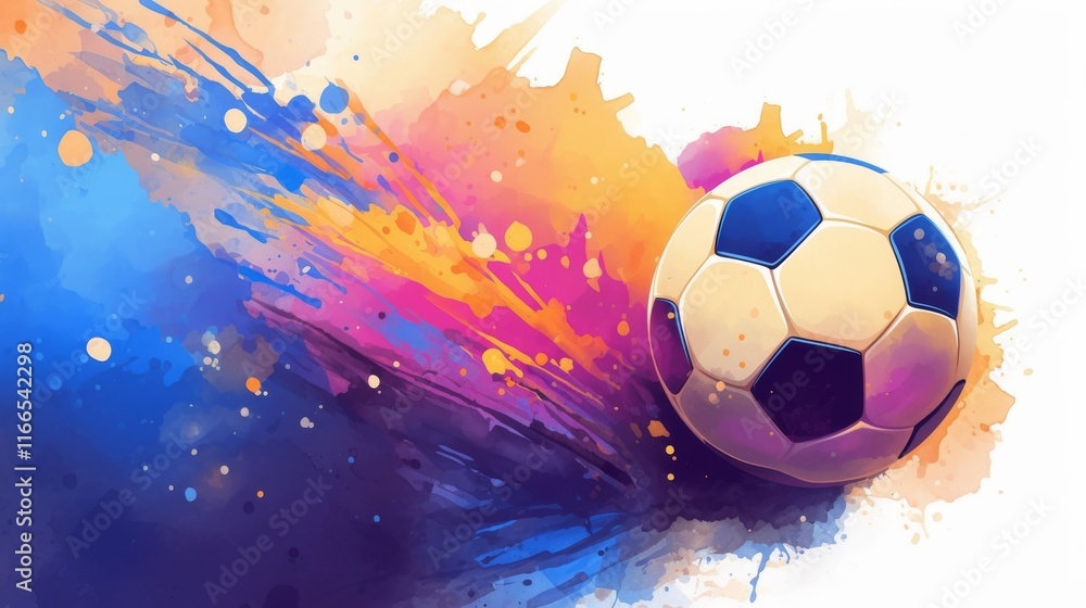 Naklejka premium Soccer Ball Exploding Through Vibrant Watercolor Splashes.