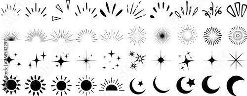 Sun, moon, stars, sparkles, and rays icon set. Celestial vector illustration featuring cosmic elements, bursts, and light effects. Perfect sun, moon, star, sparkle, ray for design projects, logos