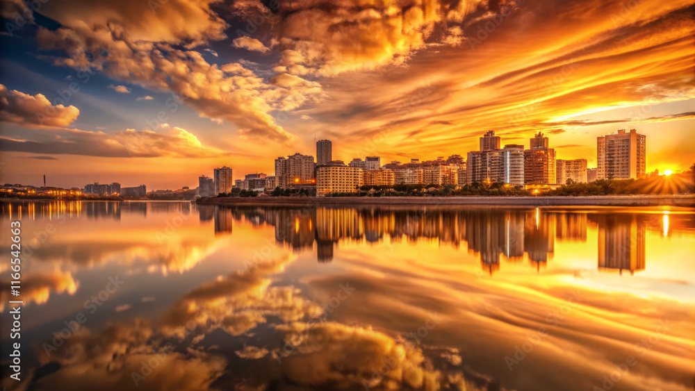 Fototapeta premium stunning coastal cityscape at sunset, reflecting vibrant colors on water