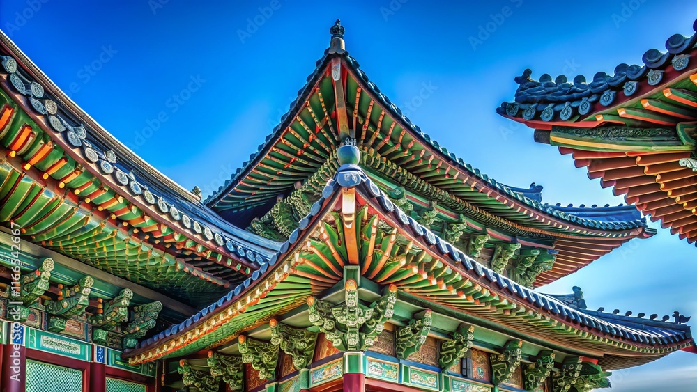 Majestic Korean Palace Roofline Against Azure Sky - Architectural Stock Photo Majestic Korean Palace Roofline Against Azure Sky - Architectural Stock Photo