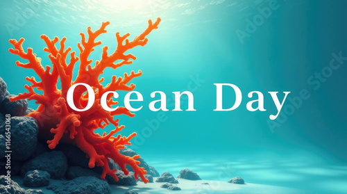 Bright orange coral branch on blue background with “Ocean Day” text for marine conservation and environmental awareness campaigns photo