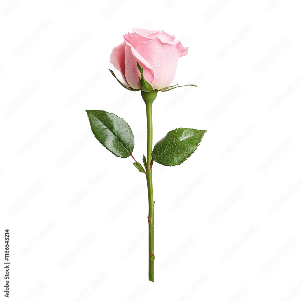 Fototapeta premium Single Pink Rose with Green Stem and Leaves