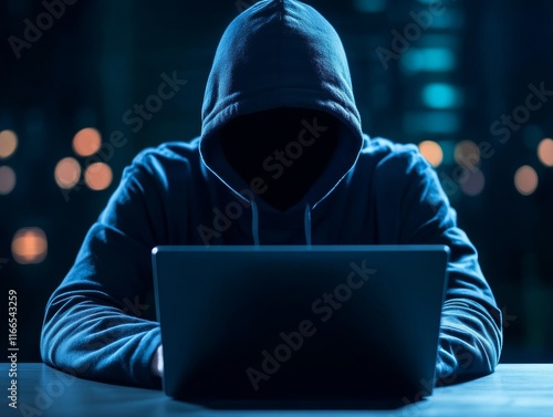 A mysterious figure in a hoodie working on a laptop in a dimly lit environment, representing cybersecurity and digital anonymity.