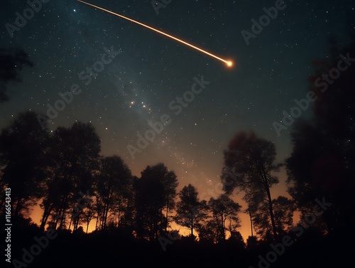 Night sky with meteor shower over silhouetted forest. photo