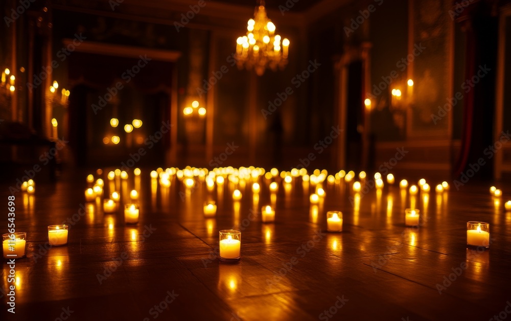 A serene and enchanting scene featuring numerous flickering candles illuminating a dark, elegant space, creating a warm atmosphere. A serene and enchanting scene featuring numerous flickering candles illuminating a dark, elegant space, creating a warm atmosphere.