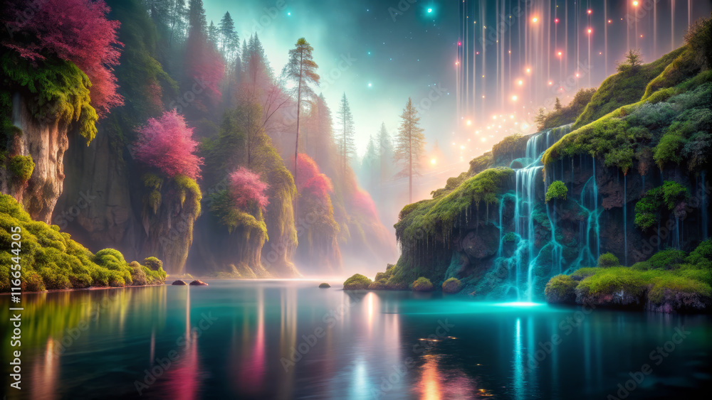 serene landscape with vibrant waterfall, lush trees, and glowing lights serene landscape with vibrant waterfall, lush trees, and glowing lights