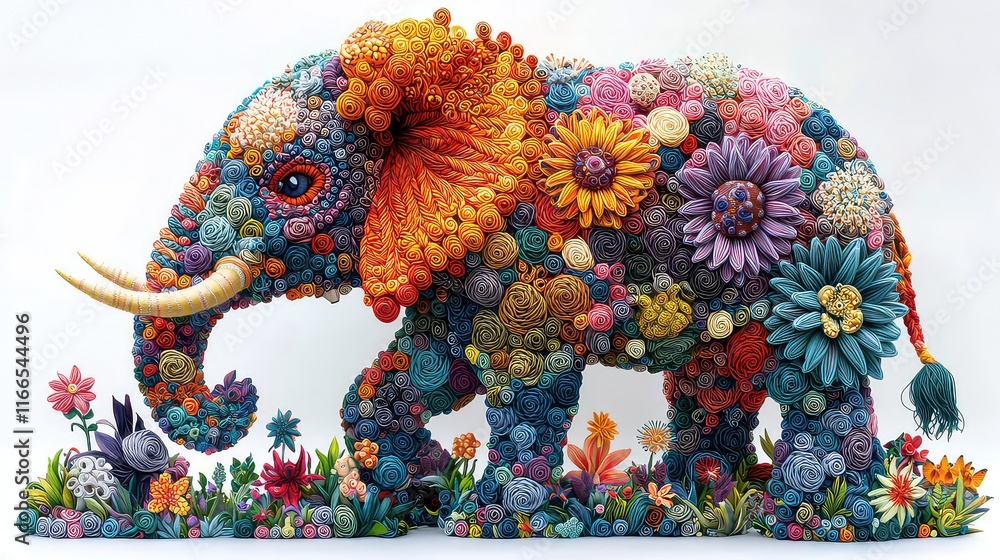 Obraz premium Elephant Yarn Art. Whimsical wool yarn art of an elephant standing on small flowers, featuring bold, vibrant colors on a plain white background. AI generated image.