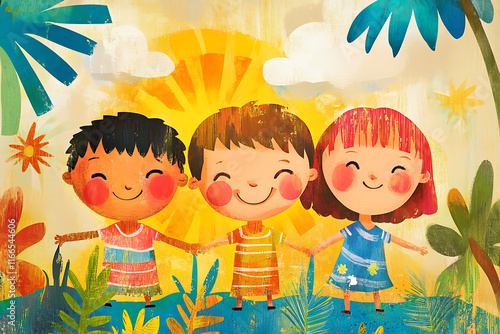 Three cheerful children holding hands in a sunny, vibrant landscape with tropical plants.