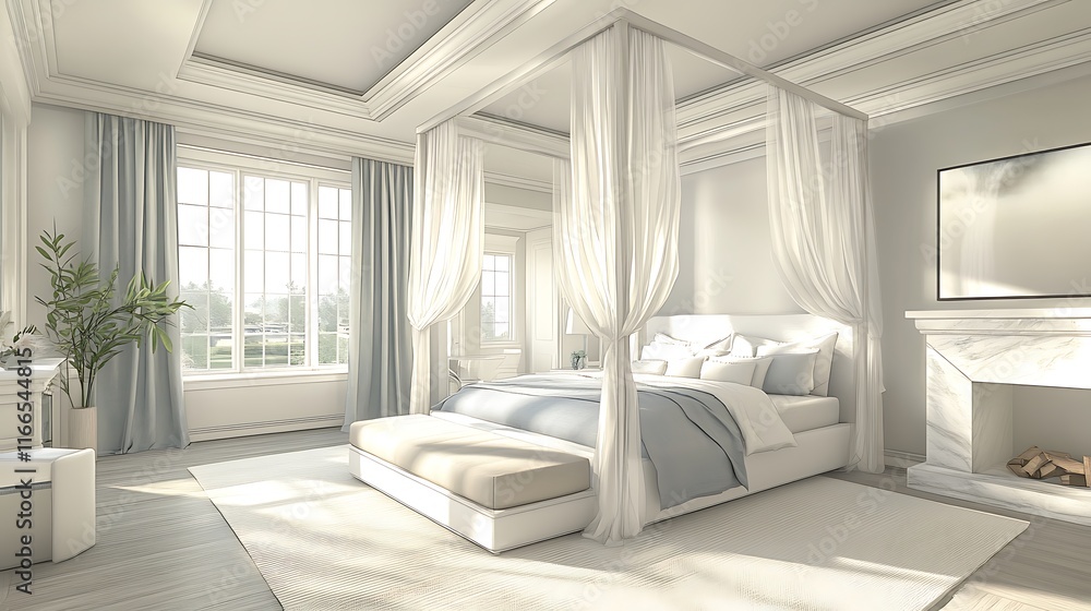 Fototapeta premium Serene bedroom design modern home interior decor minimalist style